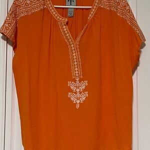 Orange Embellished Short Sleeve Blouse with Mandarin Collar